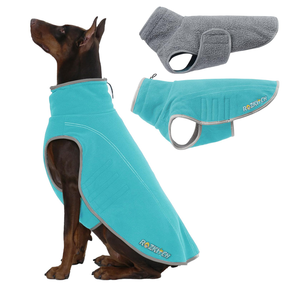ROZKITCH reversible dog coat bluegreen worn by a Great Dane for warm, versatile winter walks.