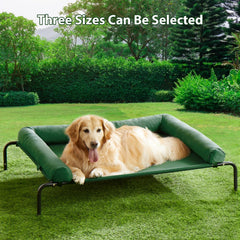 RRPETHOME elevated cooling dog bed side view highlights sturdy frame and elevated height
