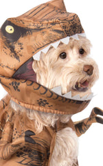 Rubies Jurassic World T-Rex pet costume full-body view showcases tail and arms for cosplay fun.