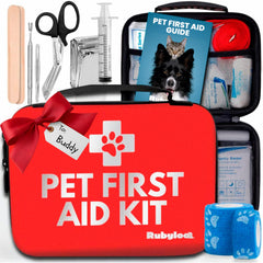 Rubyloo dog first aid kit in a waterproof hard case for travel-ready emergencies.
