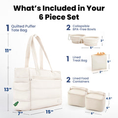 Rubyloo puffer dog travel bag beige collapsible bowls ready for outings.