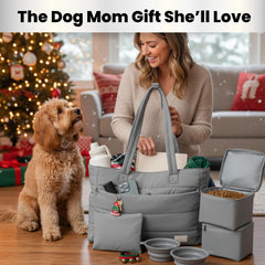 Rubyloo puffer bag grey side pocket detail highlighting organized storage for treats and wipes