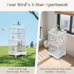 Ruexue tall bird cage play top showcases rooftop playground for supervised out-of-cage fun.
