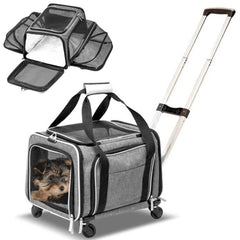Ruff Life 101 airline-approved expandable pet carrier under seat grey fits under most airline seats when wheels removed.