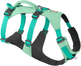 Ruffwear Flagline harness front view in sage green emphasizes freedom of movement during walks.
