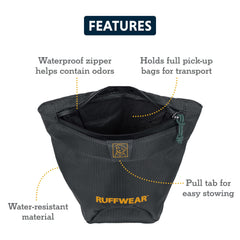 Ruffwear Pack Out bag storage and dispensing keeps waste bags within reach during stops.