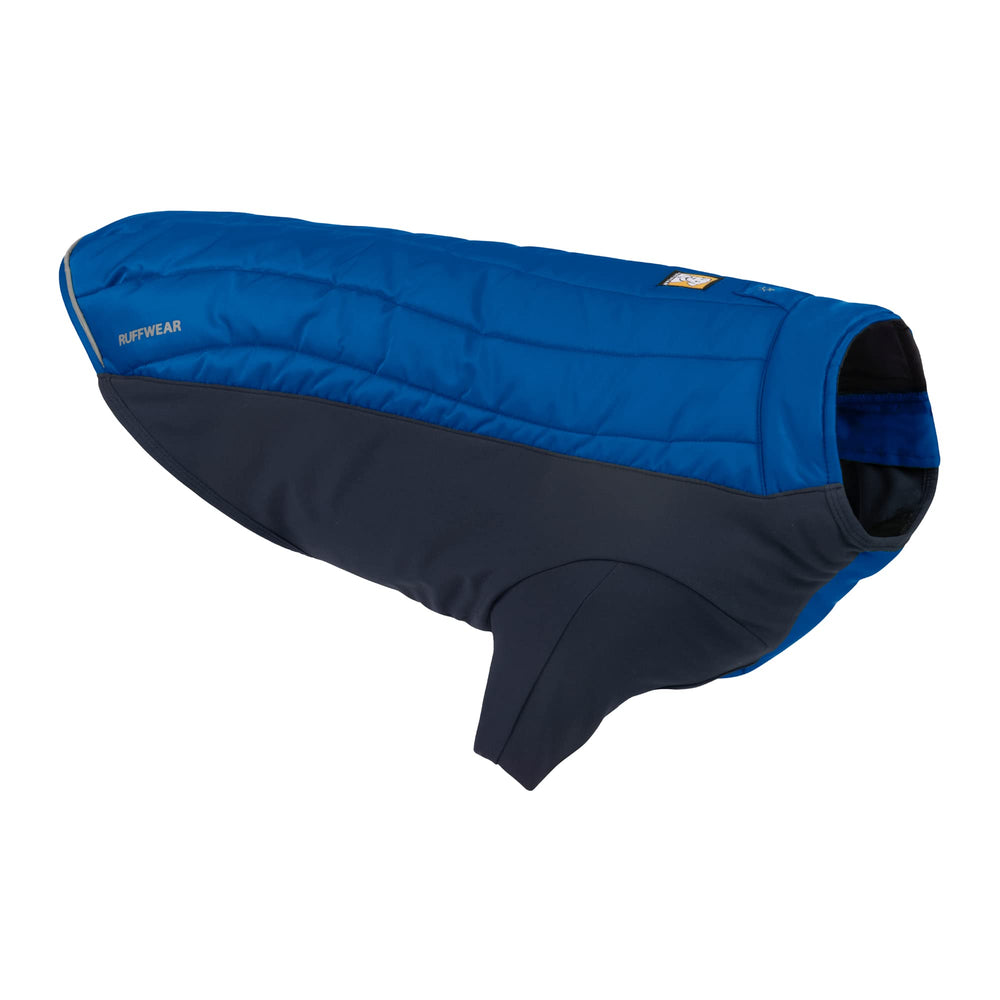 Ruffwear Powder Hound front view in Blue Pool shows warm coverage for cold walks.