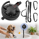Ruppence dog bathing suction cup tether setup demonstrates adjustable height for grooming.