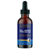 Rx Vitamins B12 bottle pour demonstrates easy administration for dogs and cats' digestive support.