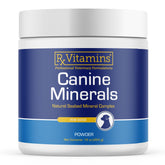 Rx Vitamins Canine Minerals bottle label highlights calcium and minerals for canine bone health.
