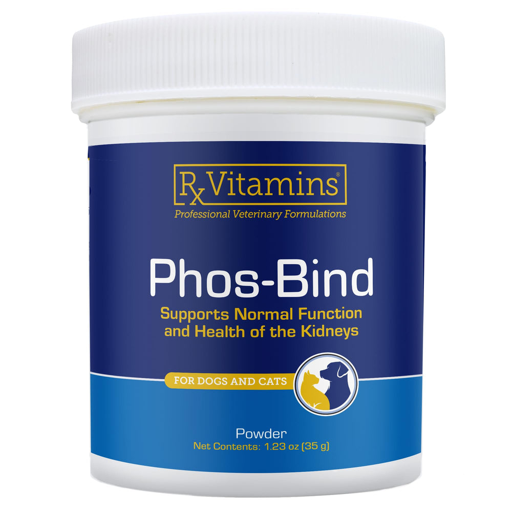 Rx Vitamins Phos-Bind powder tube close-up for easy mixing into pet meals.