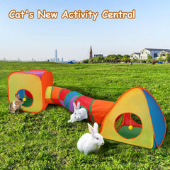 Rypet cat tunnel with hanging balls and bells promoting interactive play and stimulation.