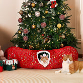 Rywell 3-in-1 cat tunnel under Christmas tree creates playful space while protecting ornaments.