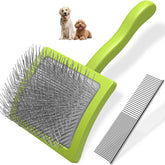 Saccison slicker brush pins detail for deep undercoat removal and tangle relief.
