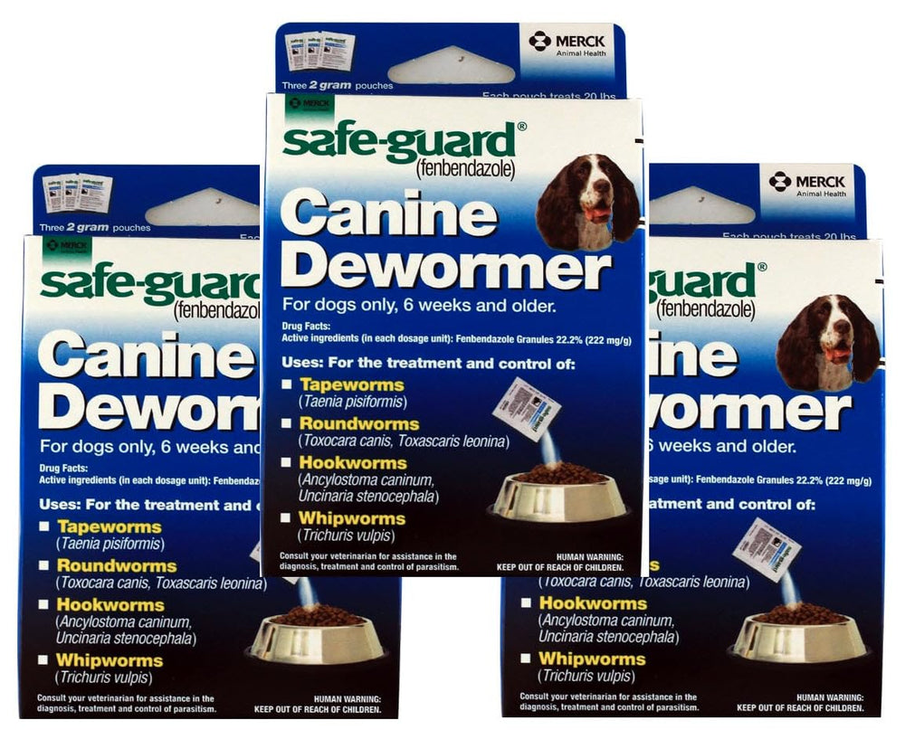 SAFE-GUARD canine dewormer 3-pack packaging highlights convenient dose-ready pouches for home dosing.