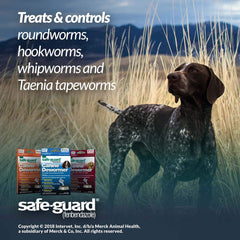 SAFE-GUARD fenbendazole dosing guide image for canine dewormer use and timing