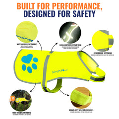 SafetyPUP XD dog vest back view emphasizes bright fluorescent yellow visibility.