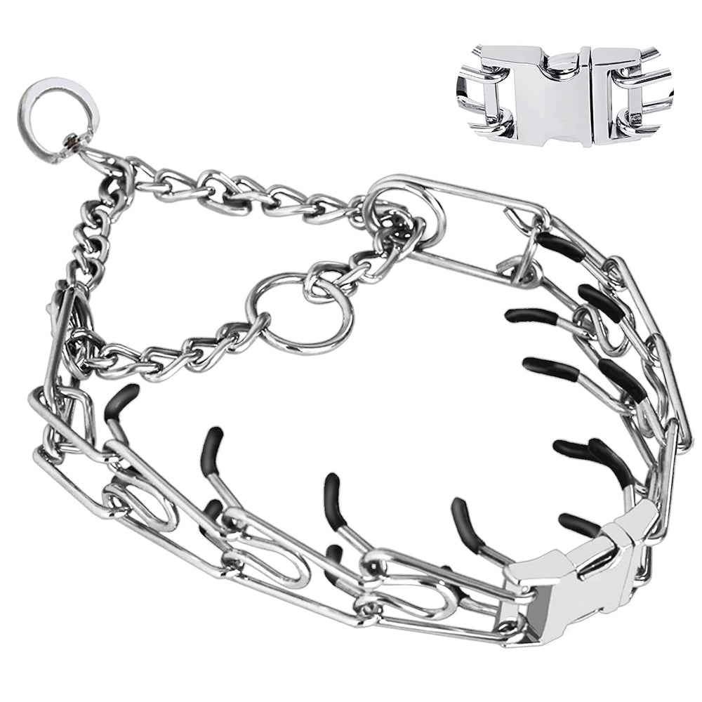 Safiman prong collar front buckle in action for calm, controlled walking during training.