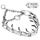 Safiman prong collar front buckle in action for calm, controlled walking during training.