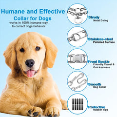 Safiman prong collar soft rubber caps add comfort as mild correction occurs during leash guidance.