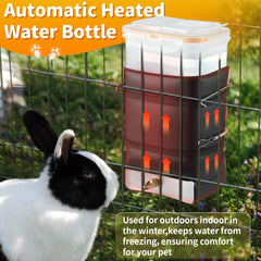 Saillong heated rabbit water bottle inside a cage provides steady warm water.
