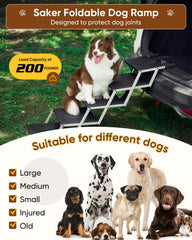 Saker foldable ramp in car demonstrates easy in-car access for pets.