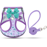 Salfse cat harness floral purple design for stylish outdoor strolls.