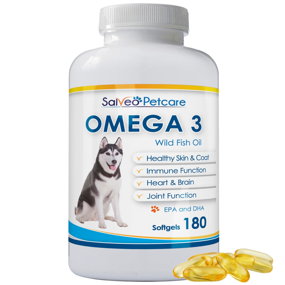 Salveo Omega-3 Dogs bottle shows easy daily dosing for a healthier coat.