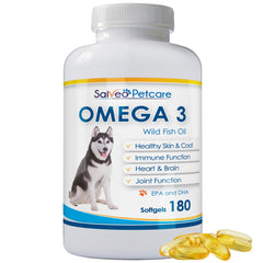 Salveo Omega-3 Dogs bottle shows easy daily dosing for a healthier coat.
