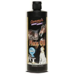 Sammy's Shiny Coat flaxseed oil bottle shows pure omega-3 support for pet skin and coat health.