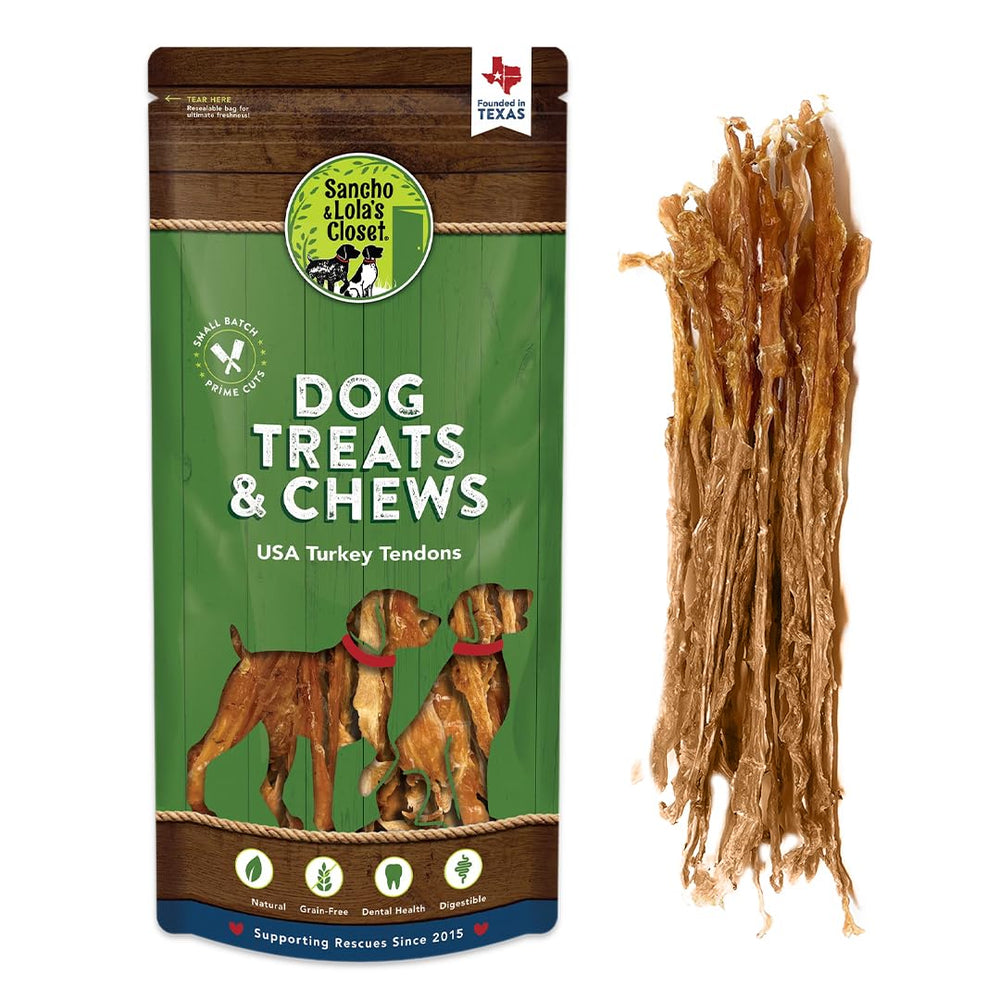 Sancho & Lola’s Turkey Tendons bag—long-lasting chew for healthy, happy pups.