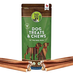 Sancho & Lola's Supreme 12in bully sticks close-up for single-ingredient dog chew.