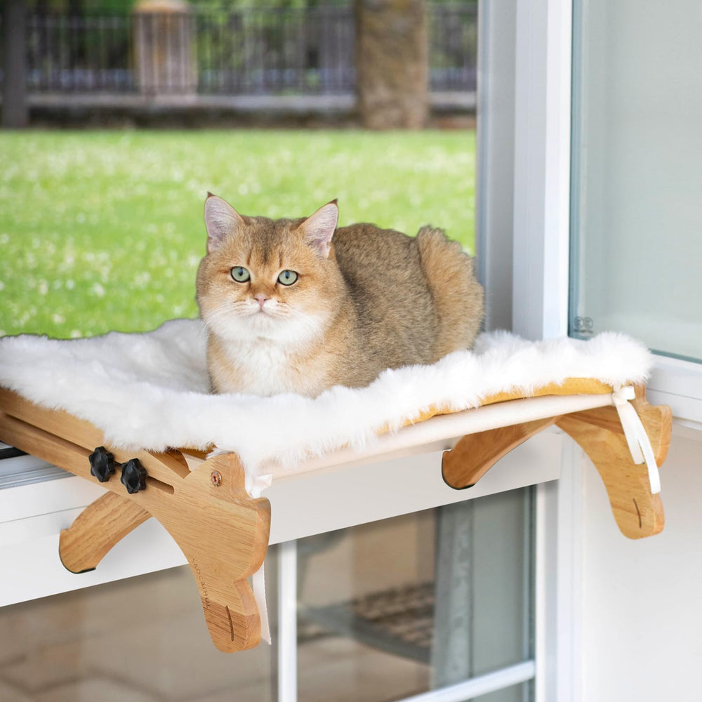 SAOCAIHUL cat window perch-wood-frame on a sunny sill, offering a comfy vantage point.