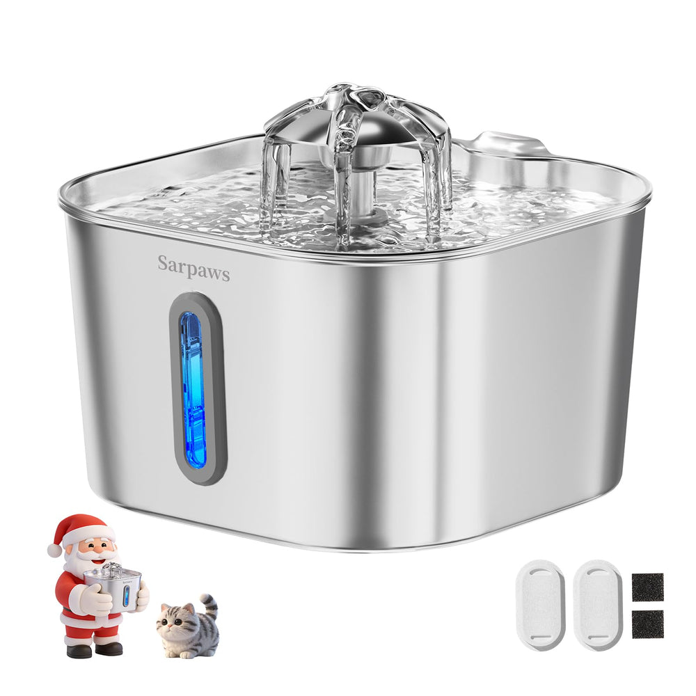 Sarpaws cat fountain stainless steel front view shows durable, easy-clean surface