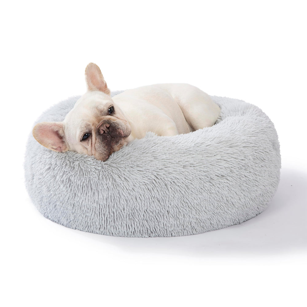 SAVFOX Plush Calming Dog Bed front view highlights cozy faux fur for secure, restful sleep.