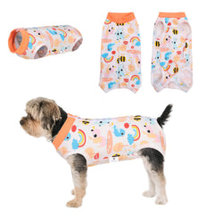 SAWMONG dog recovery suit orange bee back view showing snug fit for wound shielding