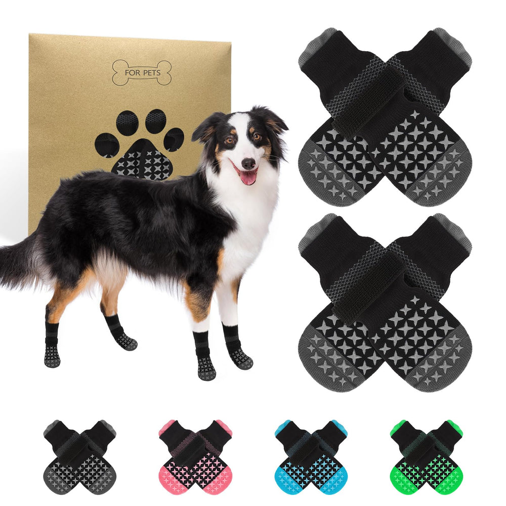SCENEREAL anti-slip dog socks on the floor showing floor traction for smooth surfaces.