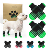 SCENEREAL anti-slip dog socks showing paw-traction on a hardwood floor for stability.