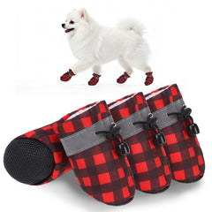 SCENEREAL Christmas dog shoes with red plaid exterior offer festive style and paw protection.