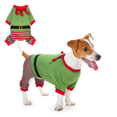 SCENEREAL dog Christmas elf sweater back view; cozy winter warmth.