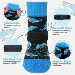 SCENEREAL dog socks with adjustable strap stay securely on paws.