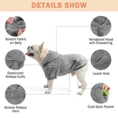 SCENEREAL fleece dog sweater hoodie gray front with pocket for treats.