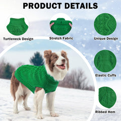 SCENEREAL knitted dog sweater green fabric closeup underscores soft acrylic yarn and elasticity.