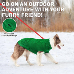 SCENEREAL knitted dog sweater green leash hole detail demonstrates practical convenience for walks.