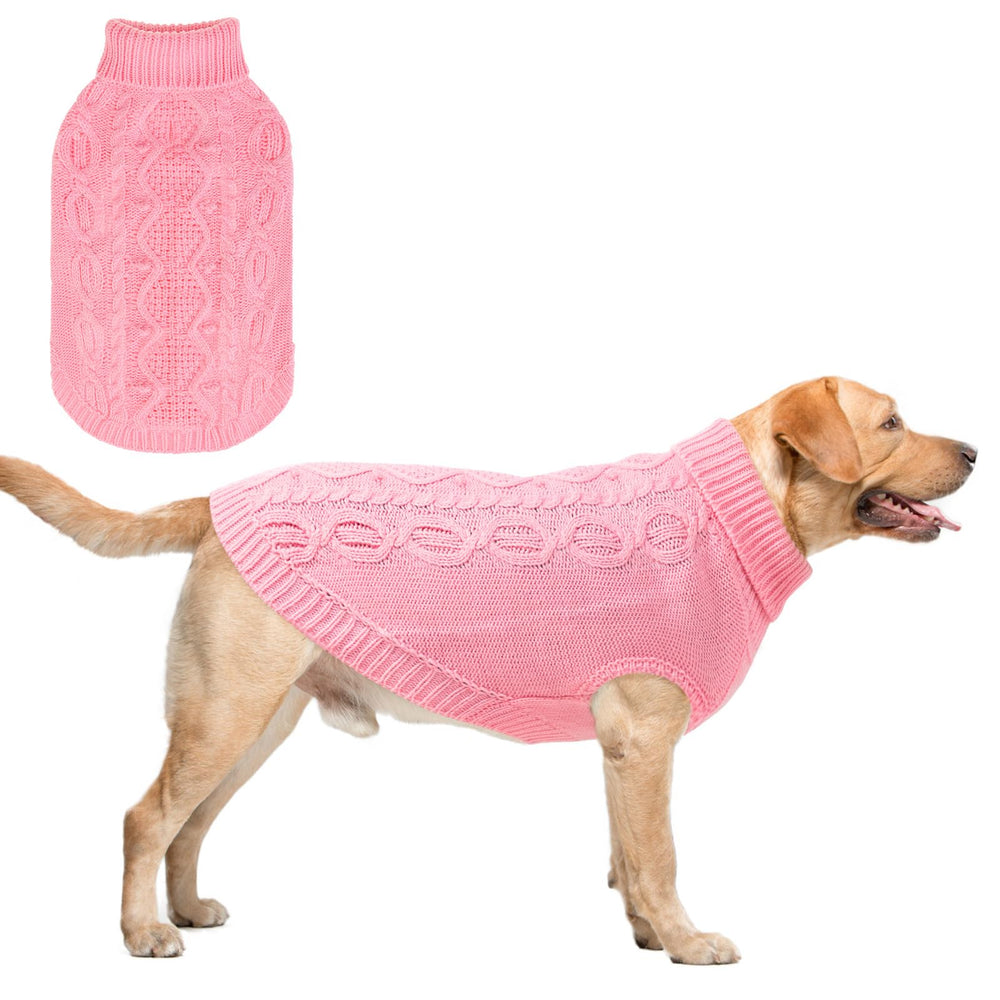 SCENEREAL pink knitted dog sweater full body view for winter warmth.