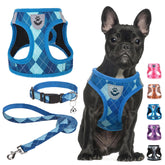 SCENEREAL small dog harness blue plaid front view showing breathable mesh for all-day comfort
