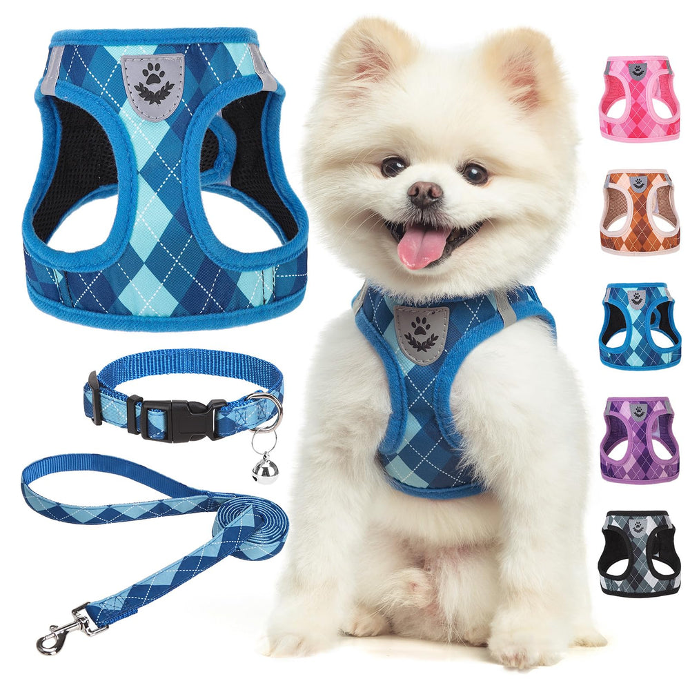 SCENEREAL small dog harness blue plaid setup for easy outdoor walks