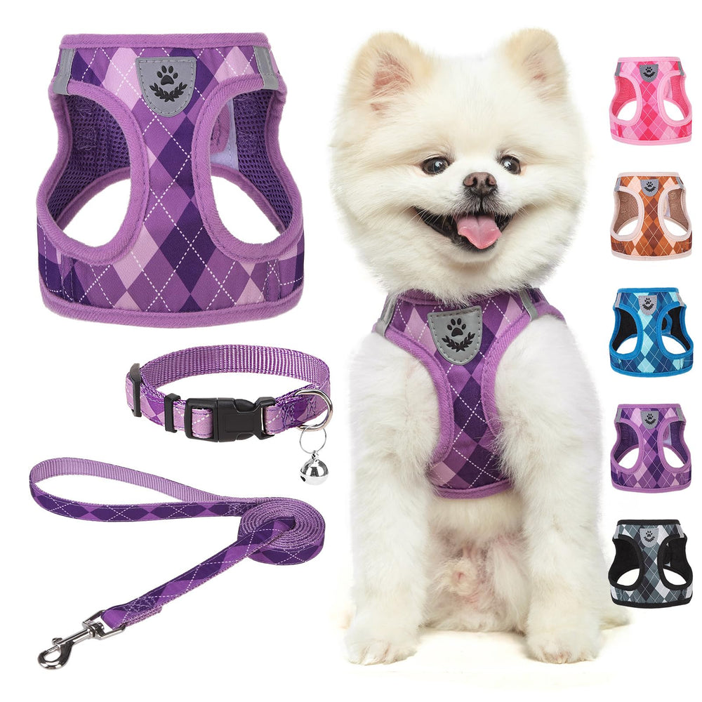 SCENEREAL small dog harness purple plaid front view for secure daily walks.