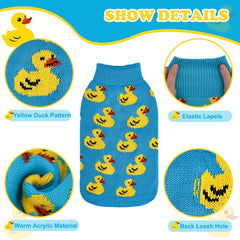 SCIROKKO dog sweater yellow-duck-pattern on blue knit for adorable warmth on walks.