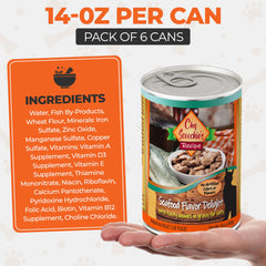 Scoochie Pet Products tender seafood chunks in gravy show a protein-rich seafood medley for energy.